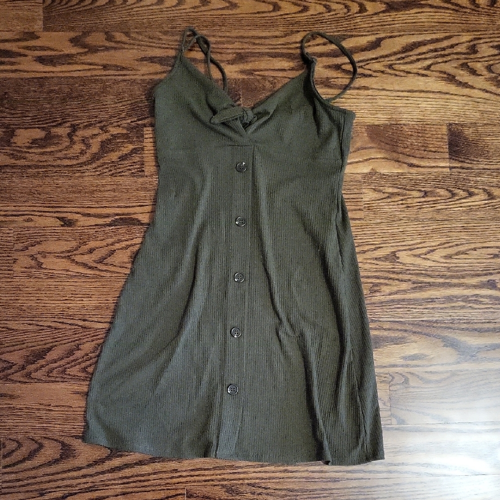 Garage Olive Green Button-Front Ribbed Slip Dress